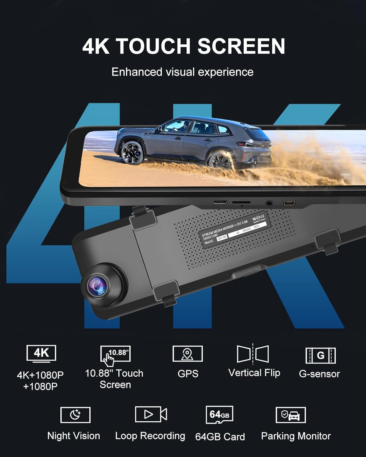 4K 3 Channel Mirror Dash Cam, 10.88" Triple Rear View Mirror Dash Camera Front Inside Rear for Car RV Truck, Night Vision, 64GB Card, WDR, G-Sensor, 24H Parking Monitor (INS102-3CH)