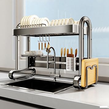 1-2Tier Full Stainless Steel Dish Drainer with Utensil Holder,Over The Sink Dish Drying Rack,dishrack for Kitchen Counter,Dish strainers for Kitchen SinkBlack 1,65cm/25.6in