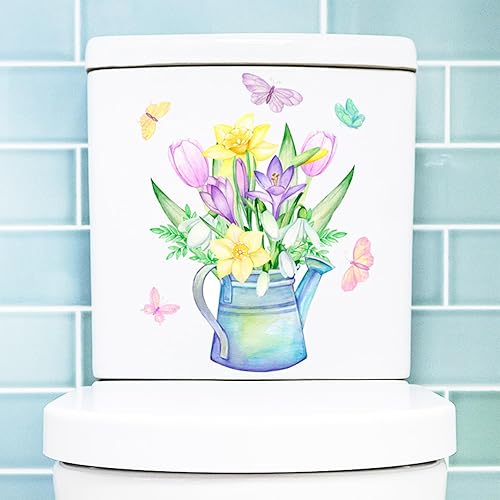 Miniatura 5 de 5 hojas de calcomanías autoadhesivas para tapa de inodoro, hojas y flores verdes, calcomanías para la pared del baño, calcomanía decorativa para