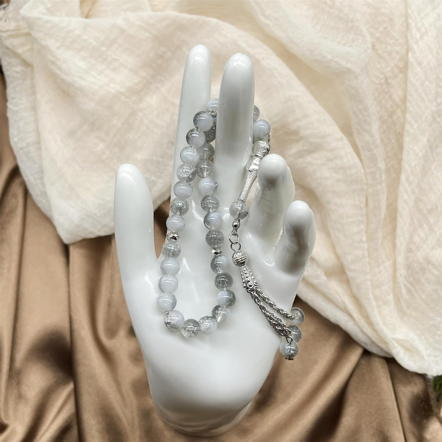 Muslims Prayer Beads 33 Tasbih Ice Cracked Glass Rosary with Fringed Pendant Ethnic Islamics Bracelet for Daily Worship - Image 7