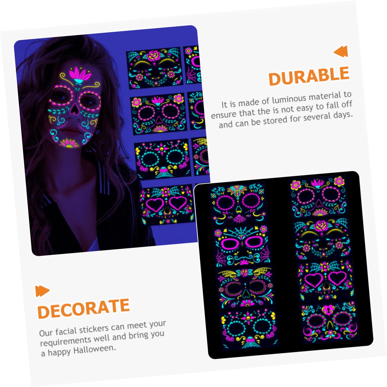Healvian 24hojas Tatuajes De Halloween Fluorescentes Para Rostro Pegatinas De Calavera Para Maquillaje y Fiesta De Disfraces De Diseño Diverso