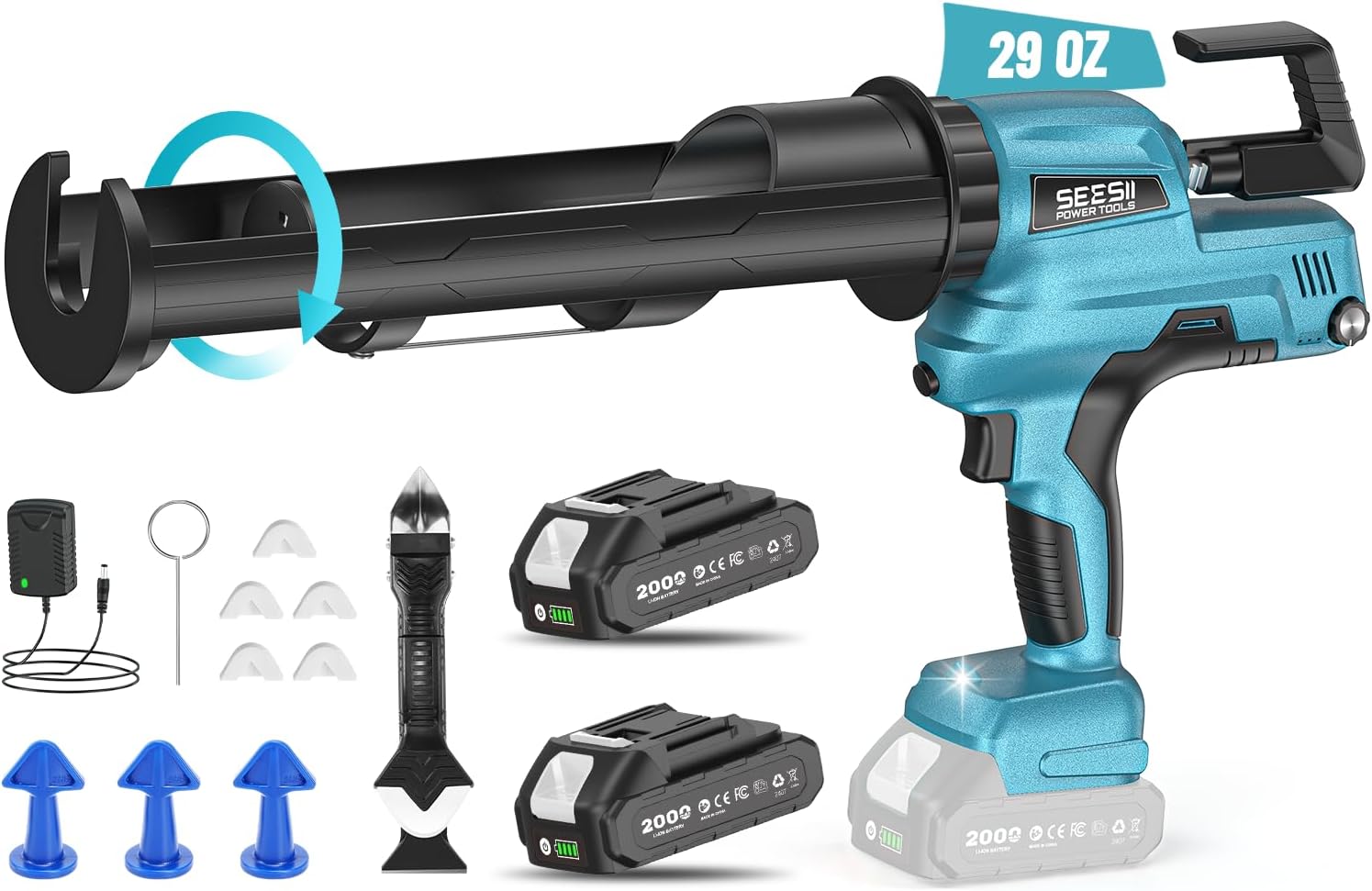 SEESII Electric Caulking Gun 29oz, Cordless Caulk Gun with 2x 2000mAh Battery, Stepless Speed, Anti-Drip, Led Light, Battery Powered Caulking Gun for Filling, Sealing