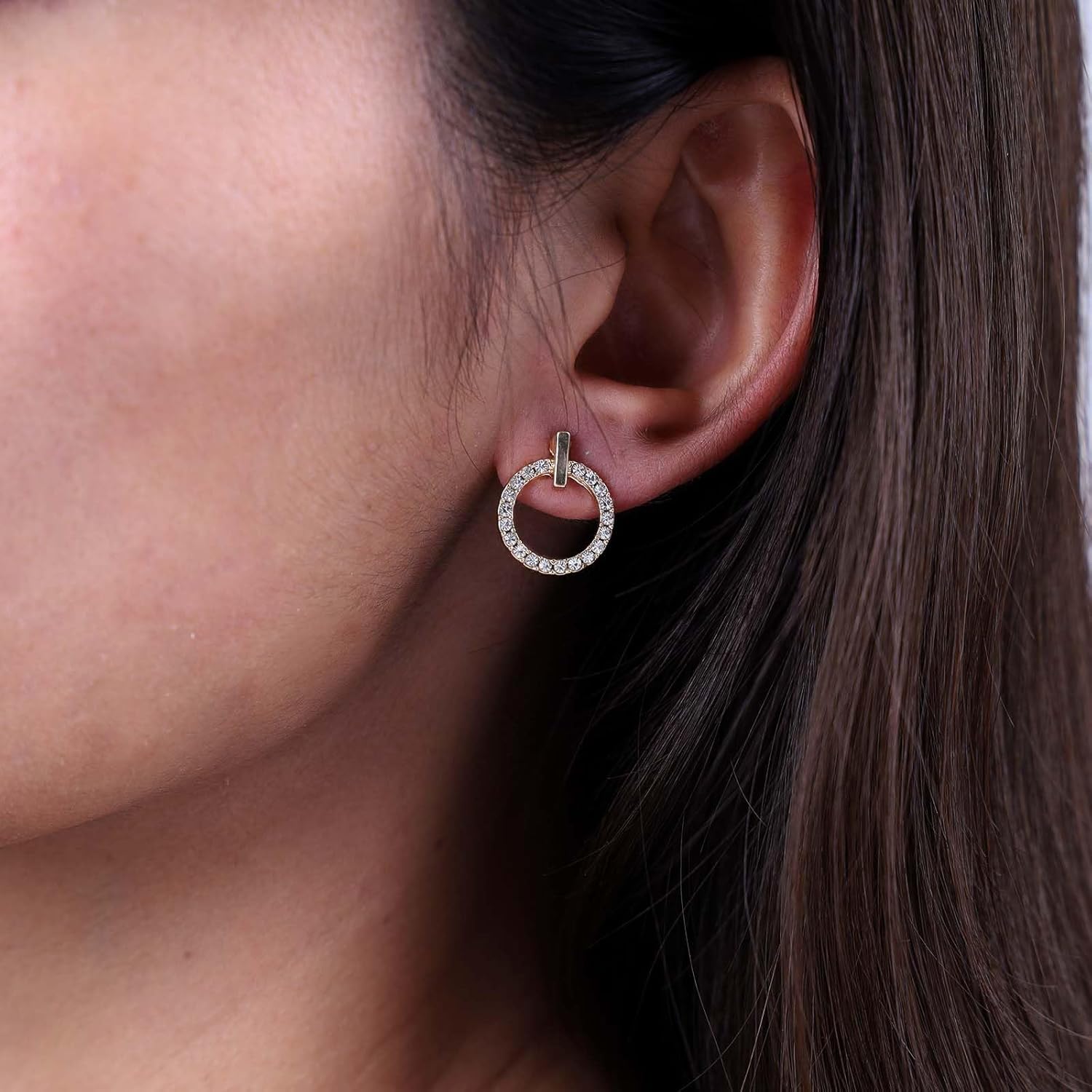 Boho CZ Circle Earrings Open Circle Stud Earrings Gold Tiny CZ Circle Earrings Rhinestone Round Earrings Geometric Bar Stud Earrings Jewelry for Women - Image 5