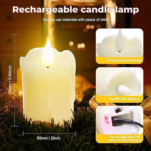 Miniatura 3 de 6 velas LED de cera real recargables sin llama, color blanco cálido, control remoto, 2 pulgadas de profundidad x 4 pulgadas de alto, brillo