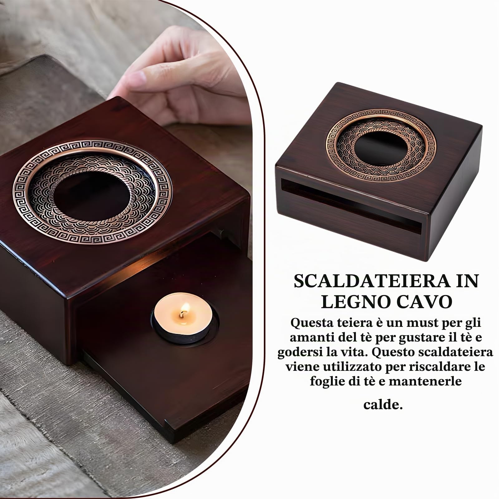 Scalda Teiera in Bambù,Scalda Teiera con Porta Candela,Scalda Tè e Caffè per Isolamento e Riscaldamento,Alta Qualità,Scuro, Quadrato