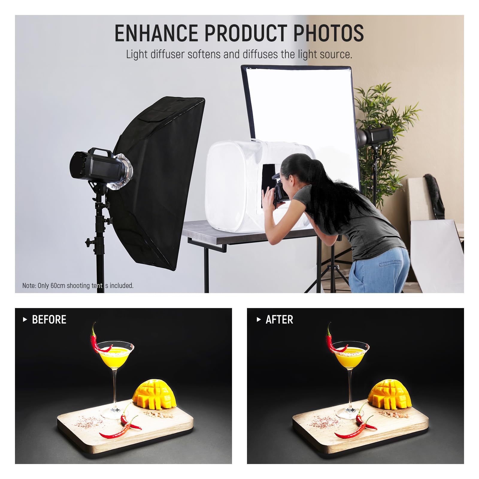 NEEWER 60cm Carpa de Tomas de Estudio Fotográfico, Nailon Mejorado Sin Arrugas, Luz Mejorada Suavizante y Difusa, Caja de Fotos Plegable con 4 Fondos (Rojo/Azul/Negro/Blanco) para Fotografía, STL-60