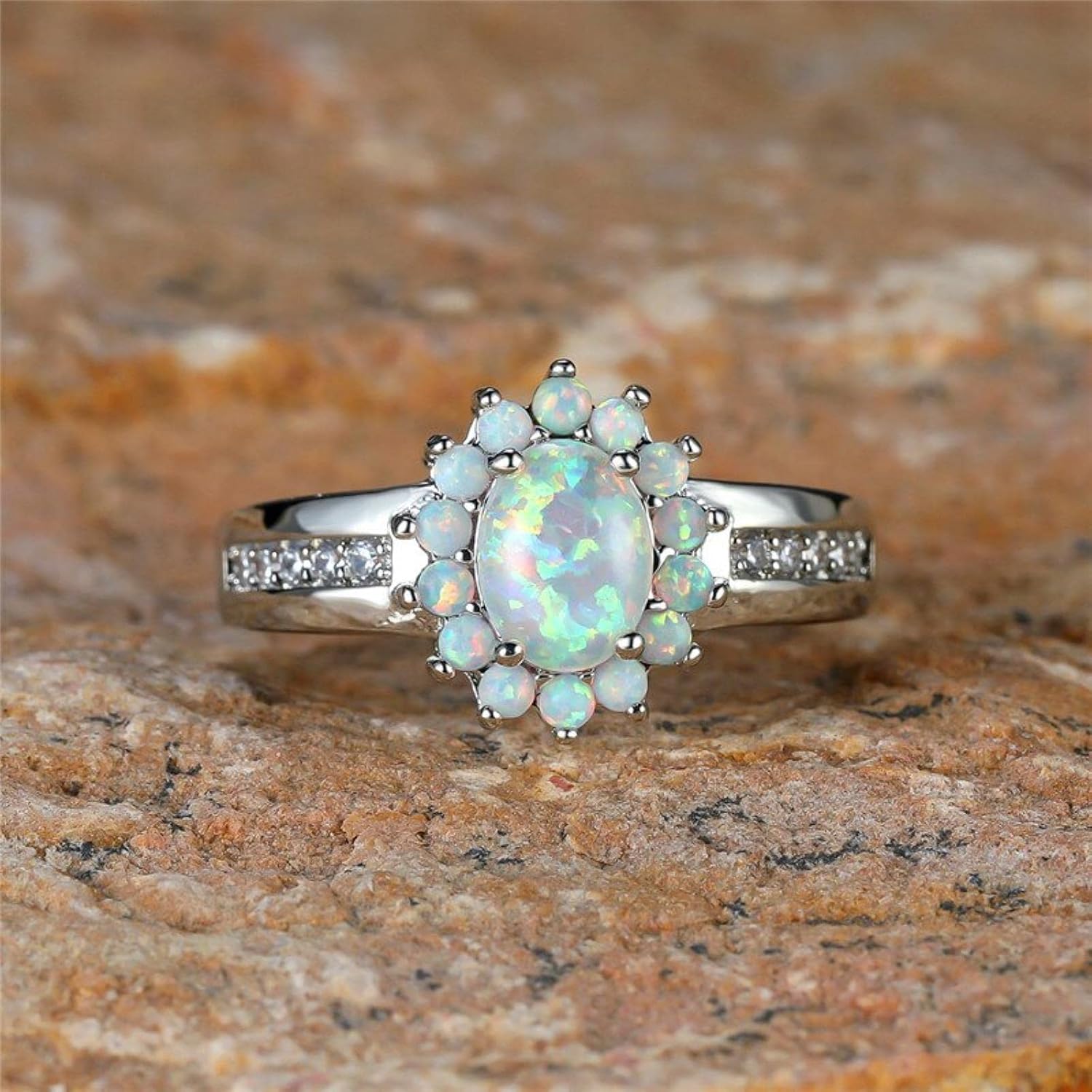 Female White Fire Opal Stone Ring Boho Big Oval Silver Color Jewelry Vintage Wedding Engagement Rings for Women