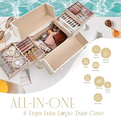 Miniatura 3 de Joligrace Estuche de tren de maquillaje, grande, portátil, organizador de maquillaje cosmético, con cerradura, con 4 compartimentos para bandejas,