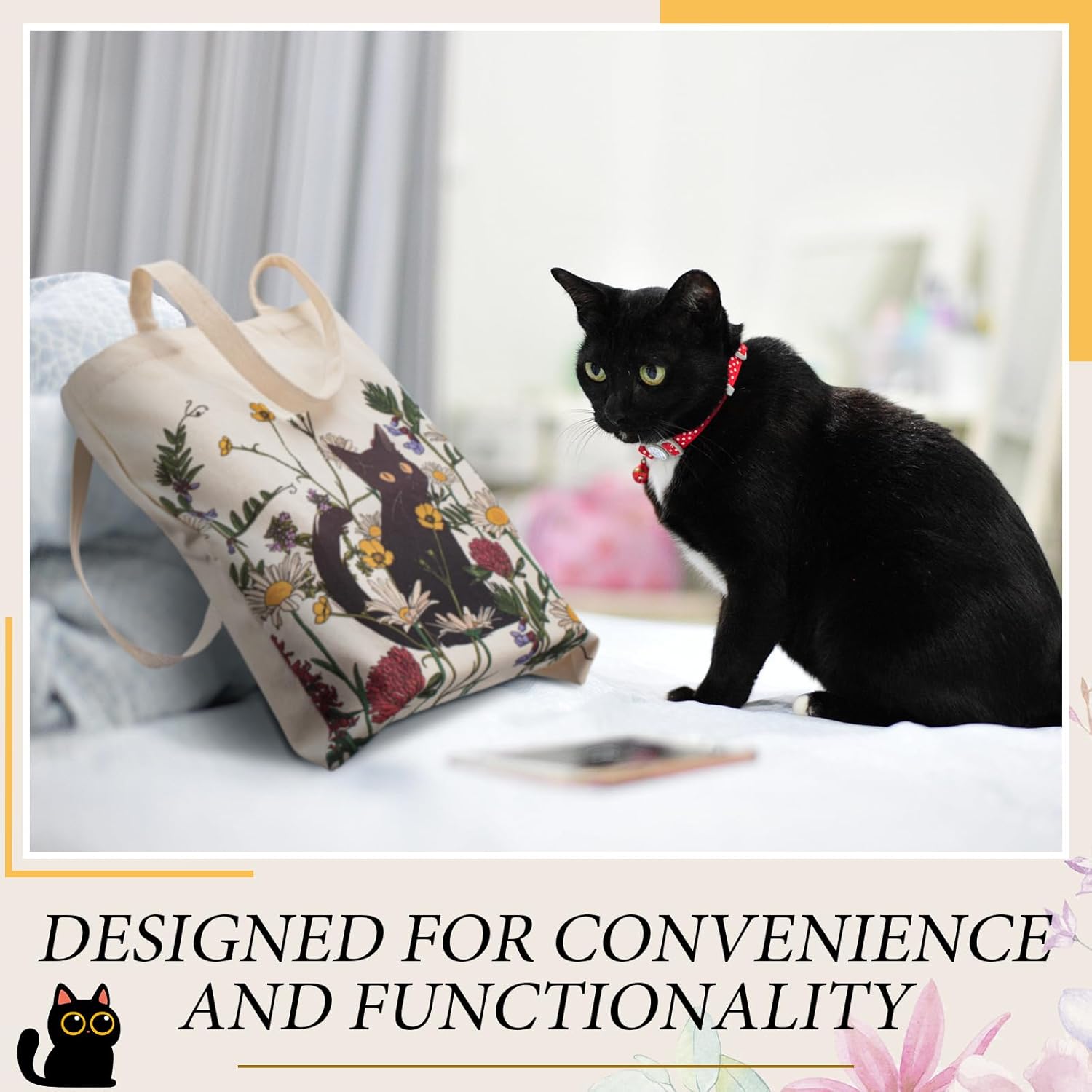 3 Pcs Black Cat Canvas Tote Bag Makeup Coin Purse Set with Zipper Gift Reusable Grocery Shopping Flowers Cute Cosmetic Bag Halloween Aesthetic Portable Pouch Birthday for Mom Women Teacher - Image 6