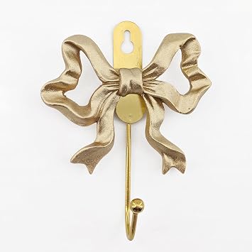 4 Pack Gold Bow Wall Hooks, Resin Bow Hooks with 2 Size Screws, Cute Girls Room Vintage Brass Bedroom Decorative Coat Hook, Key, Bath Towel, Scarf, Bag, Robe, Hat for Wall Hanging Things