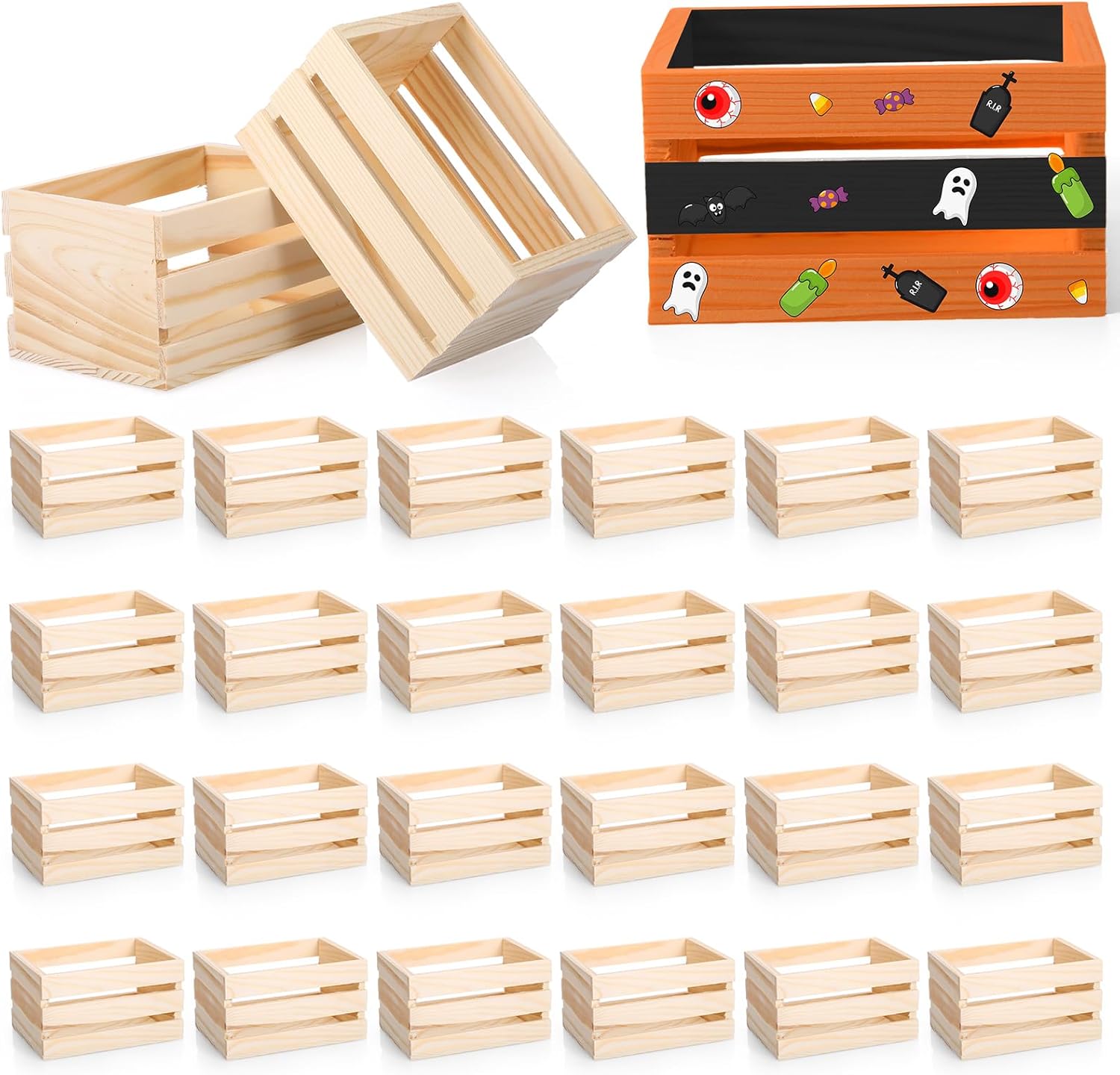 Roowest 24 Pcs 6.5'' Small Wooden Crates for Halloween Crafts Unfinished Wood Crate Basket for Display Home Bathroom Arts Milk Wine Towel Toys