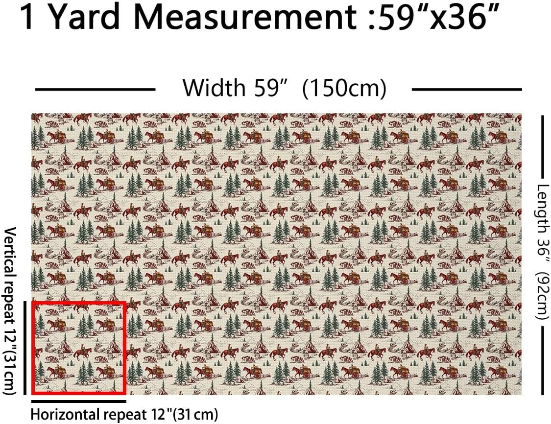 80s Cowboy Fabric by The Yard Green Pine Trees Sketch Mountain Fabrics for Sewing Lovers Horse Carriage Western Style Fabric for Room Decor and DIY Upholstery 3 Yards,108" L x 59" W