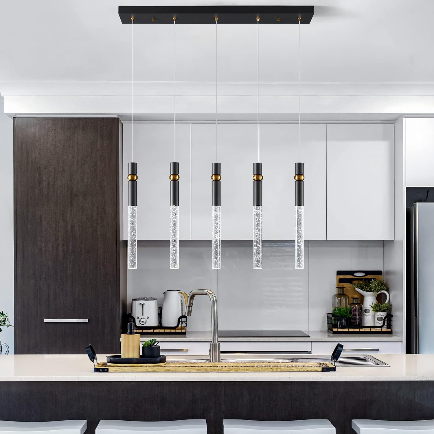 LMQNINE 5 Light Dining Room Light Fixtures Ceiling Dimmable LED Modern Black Kitchen Island Pendant Light with Bubble Crystal Pendant Light for Kitchen Island Bedroom Hallway Entryway (5-Light)…