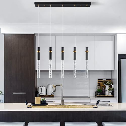 Miniatura 2 de LMQNINE Lámpara colgante de 5 lámparas de comedor regulables LED moderna de isla de cocina negra con cristal de burbujas para cocina, isla,
