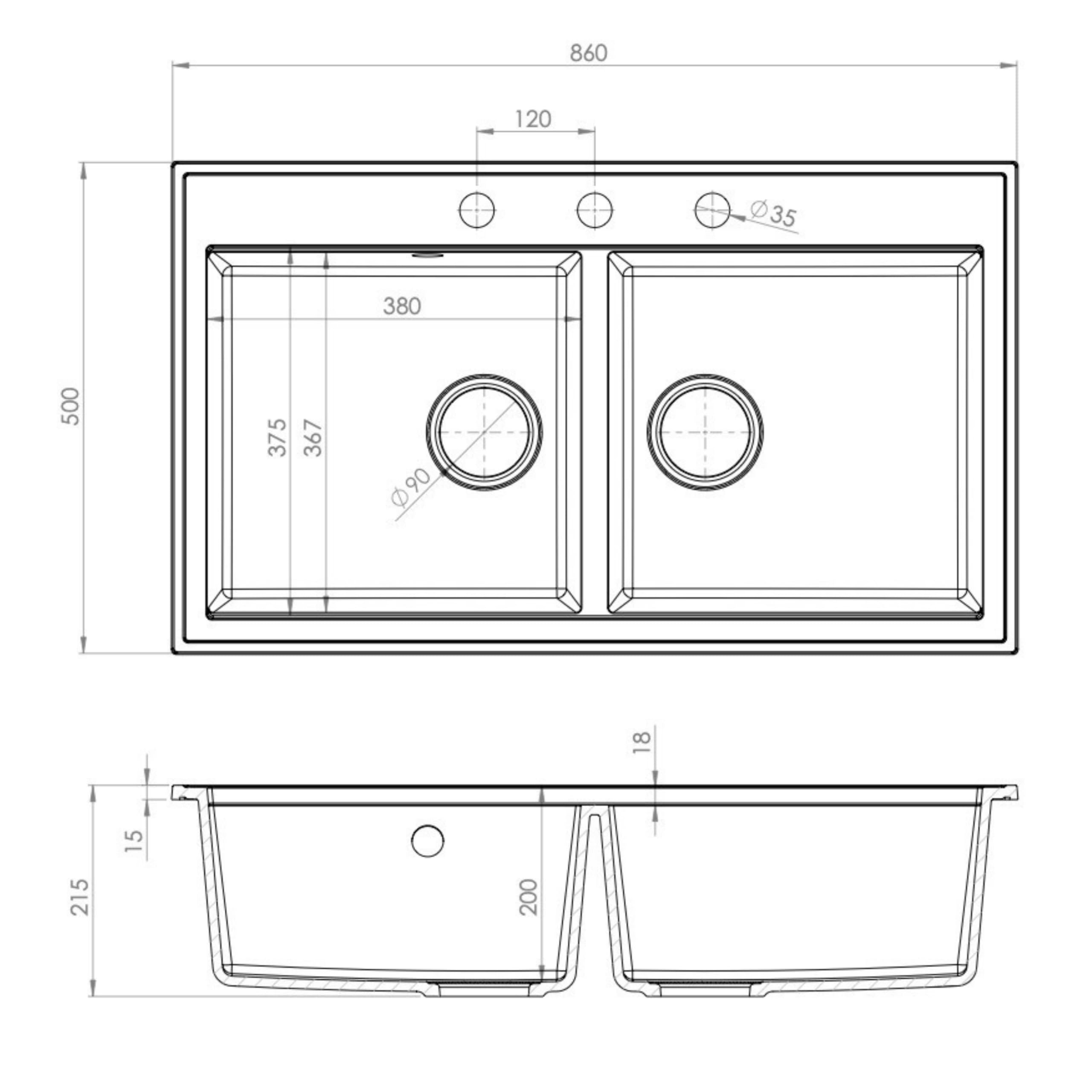 SINK QUALITY Lavello doppio nero 86 x 50 cm, doppio lavello con sifone e impregnante, lavello in granito 2 vasche – lavello da cucina a partire da mobile sottolavello da 85 cm