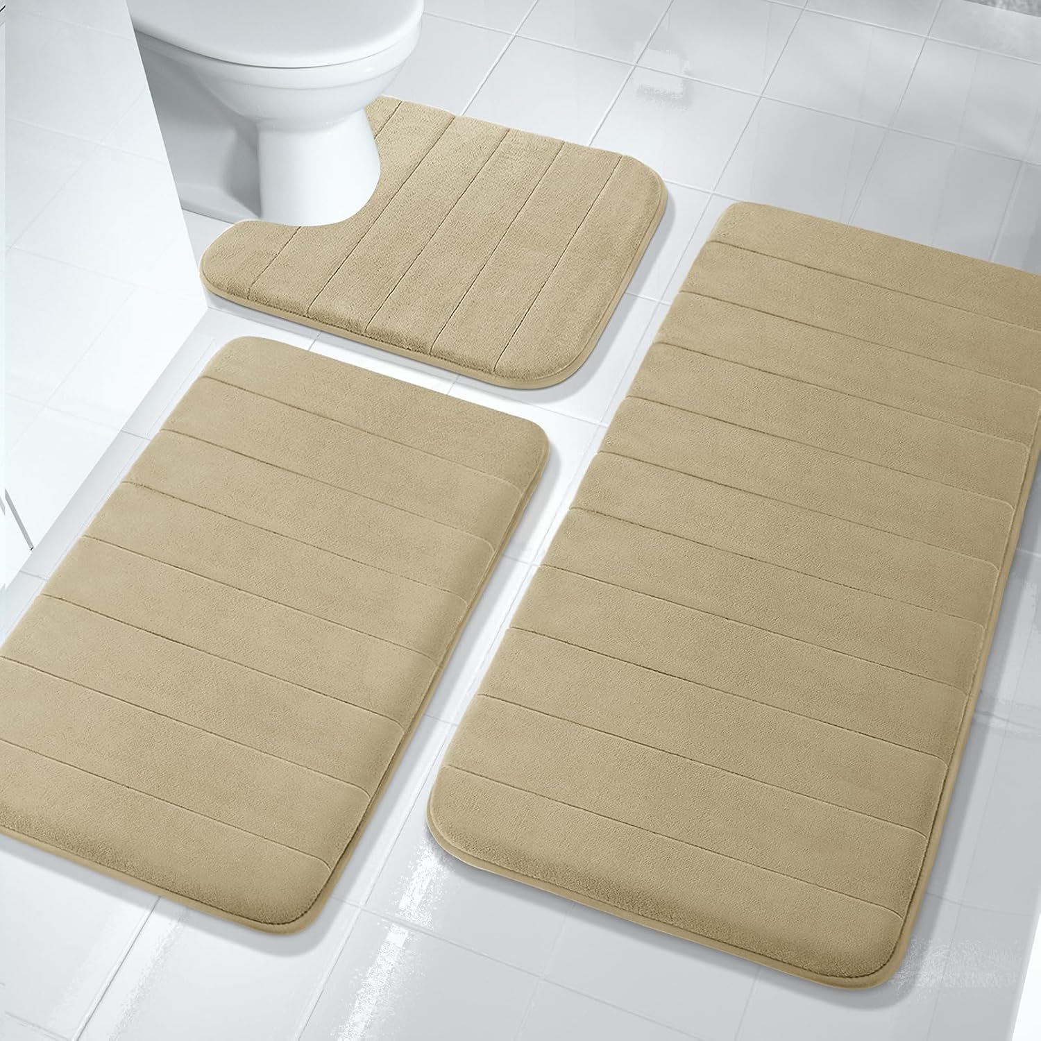Yimobra 3 Pieces Memory Foam Bath Mat Sets, 44.1x24 + 31.5x19.8 and U-Shaped for Bathroom Rugs, Toilet Mats, Non-Slip, Soft Comfortable, Water Absorption, Machine Washable, Pale Khaki