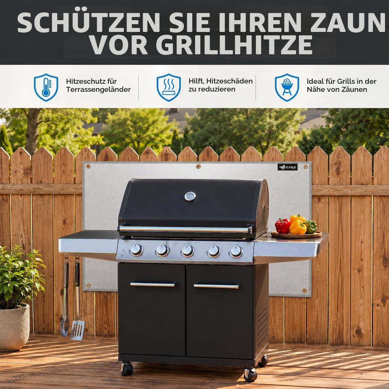 FLASLD Aluminium-Hitzeschutzmatte für Grill, Herd, Ofen und Kühlschrank, feuerfeste Abdeckung und Bildschirmschutz für Deckgeländer vor Grill (101,6 x 121,9 cm)