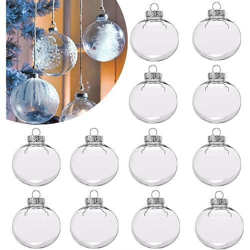 12 Pcs Clear DIY Fillable Ornaments,2.36'' Transparent Balls Plastic Baubles for Christmas, Halloween, Birthday, Wedding Decor, DIY Crafts Decorations (60 mm)