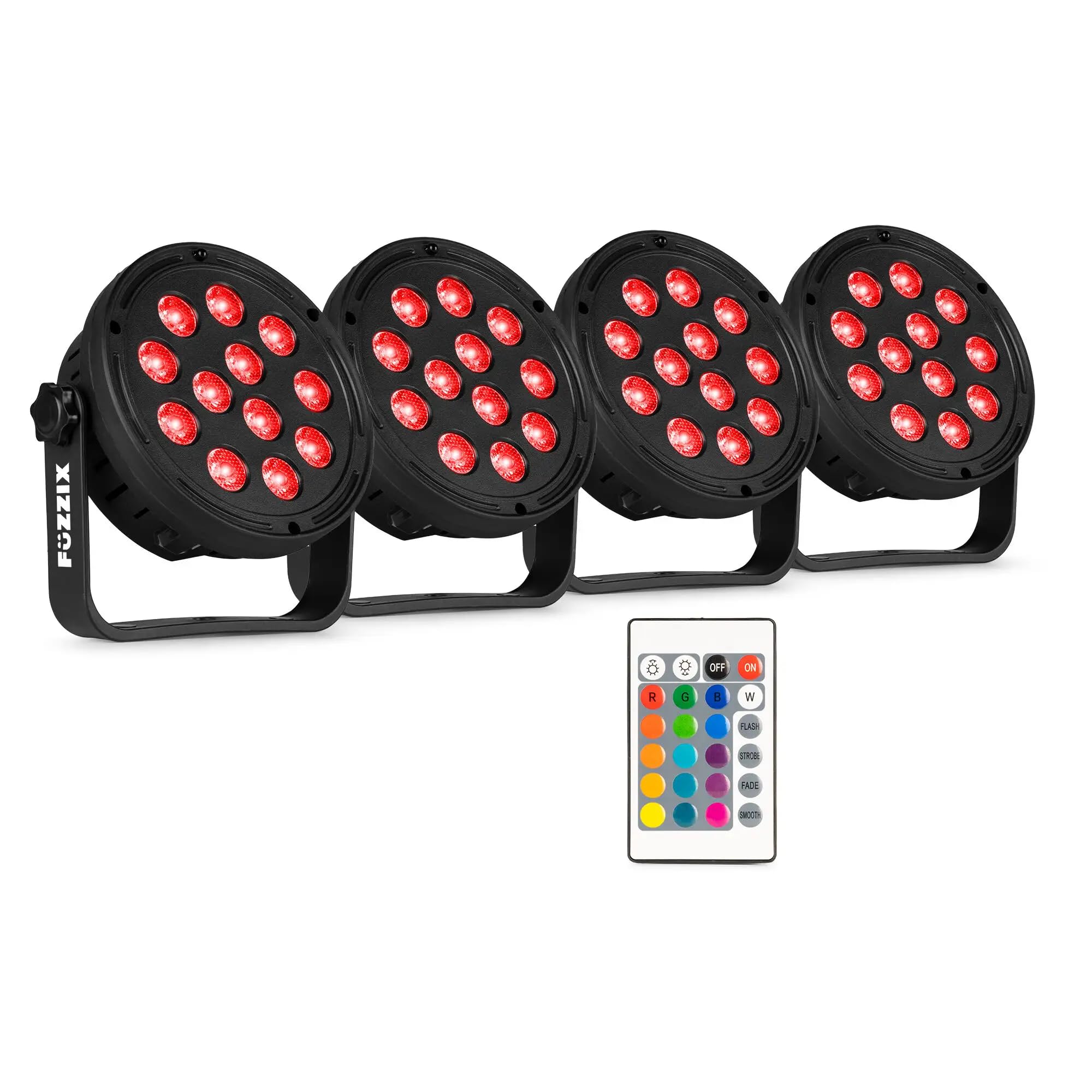 Fuzzix Comet M12 - Set 4 focos LED RGB Party Par con mando a distancia, programas automáticos, carcasa resistente, montaje fácil, ideal fiestas, eventos, bares, habitaciones y fiestas en el jardín