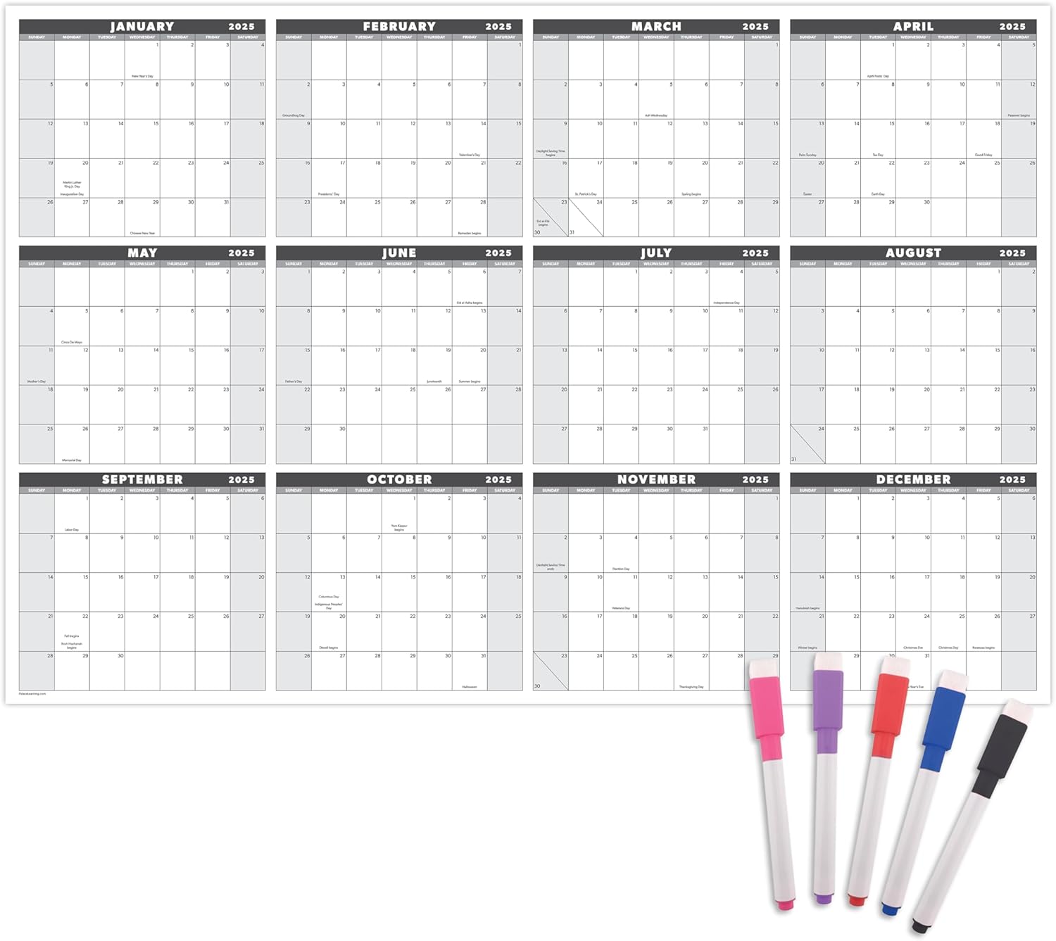 Extra Large 32" x 48" 2025 Dry Erase Wall Calendar with Markers - Wet & Dry Erasable 12 Month Annual Yearly Wall Planner (Grey, Laminated, 2025)