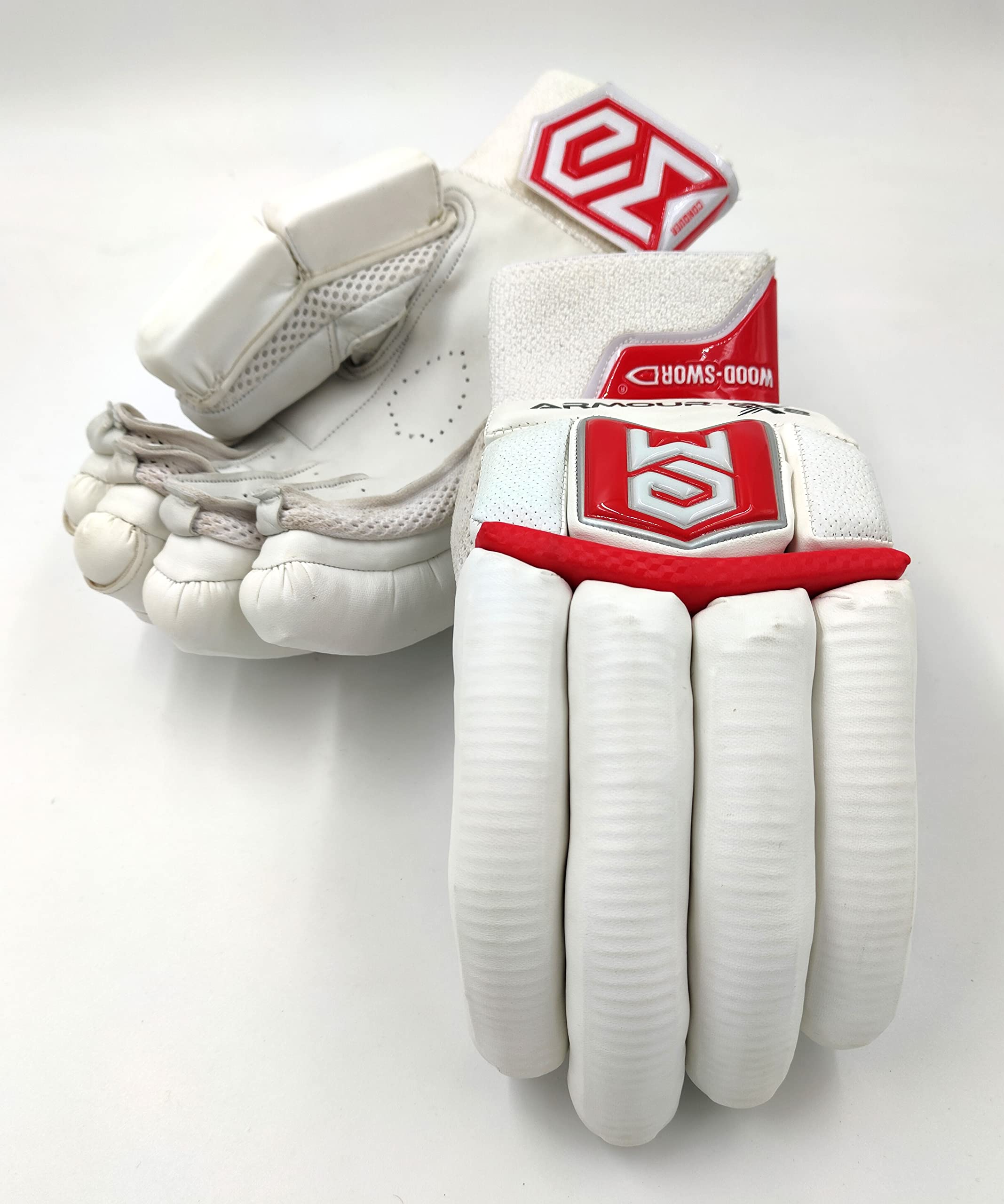 WOOD-SWORD Armour-GX8 (4.0) Leather Cricket Batting Gloves - White, Red, Medium, Right