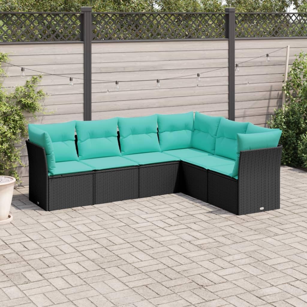 vidaXL Outdoor Patio Sofa Set with Cushions, Black PE Rattan, 6-Piece Modular Garden Lounge Furniture for Backyard/Terrace/Deck, Blue Cushions, 27.2" Height, Easy Maintenance