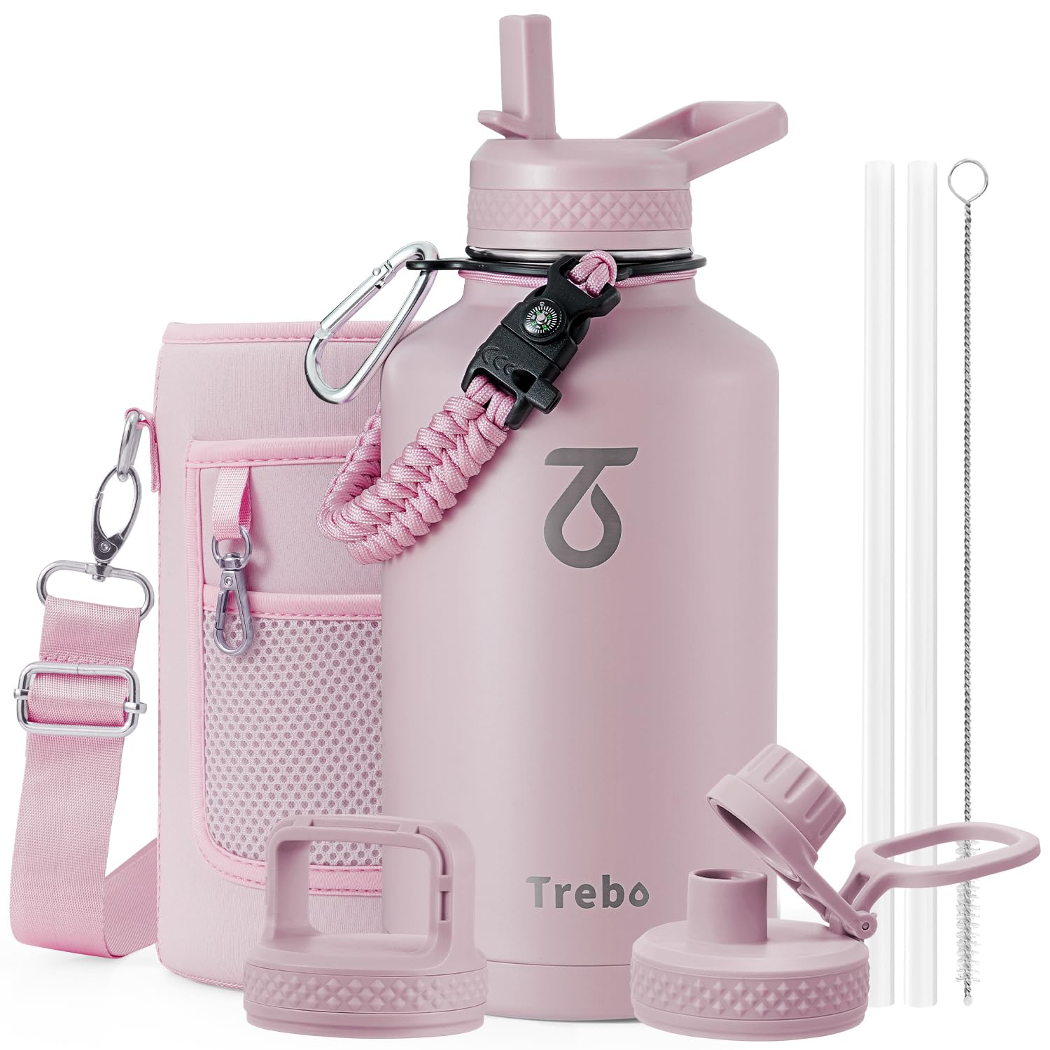 Trebo 64oz Water Bottle with Paracord Handle, Triple Wall Stainless Steel Insulated Water Jug with Holder Strap, Spout Lid, Leak Proof, Keep Cold and