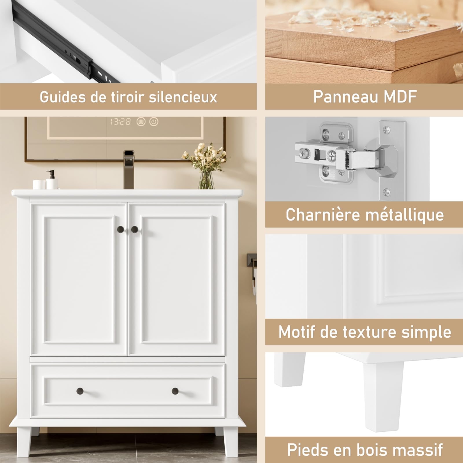 Mobile sottolavello, mobile da bagno con lavabo in ceramica incorporata, mobile portaoggetti con 2 ante e cassetti, gambe in legno massello, design moderno (bianco)