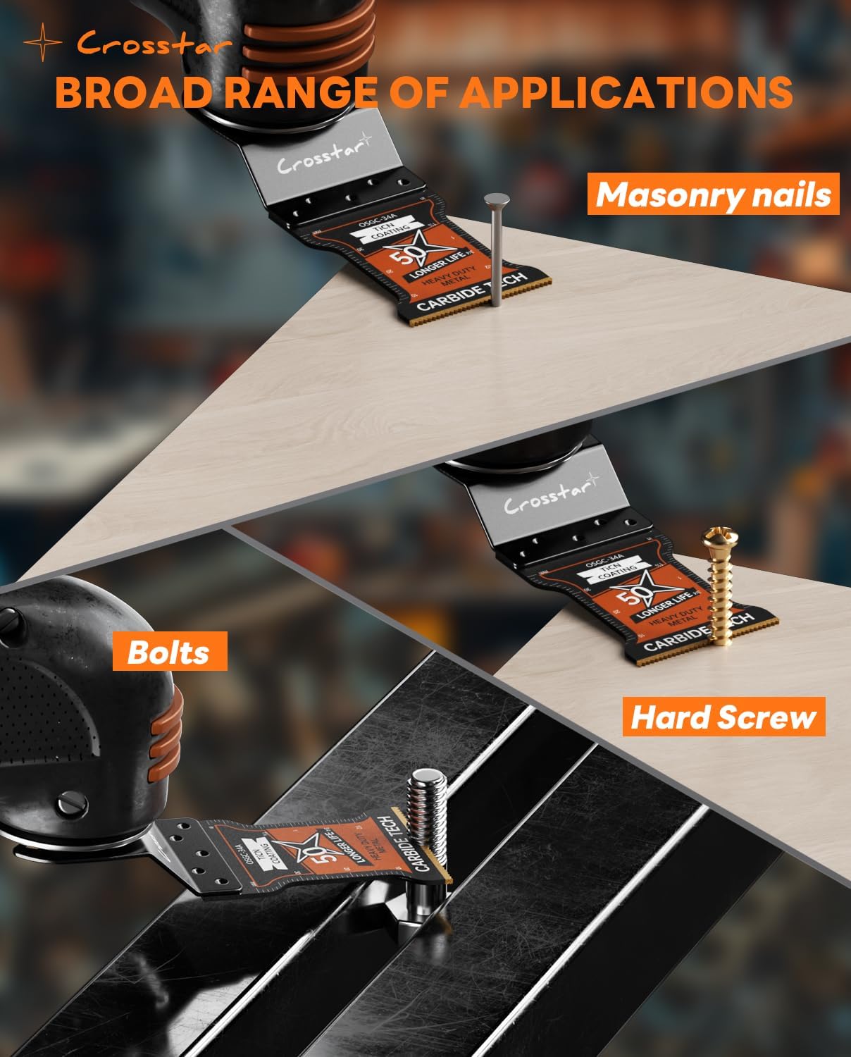Crosstar Carbide Oscillating Saw Blades with TiCN Coating - 4-Pack Multi Tool Blades for Hard Metal, Nails, Bolts & Screws - Universal Quick Release Fit for Fein, Milwaukee, DeWalt, Ryobi