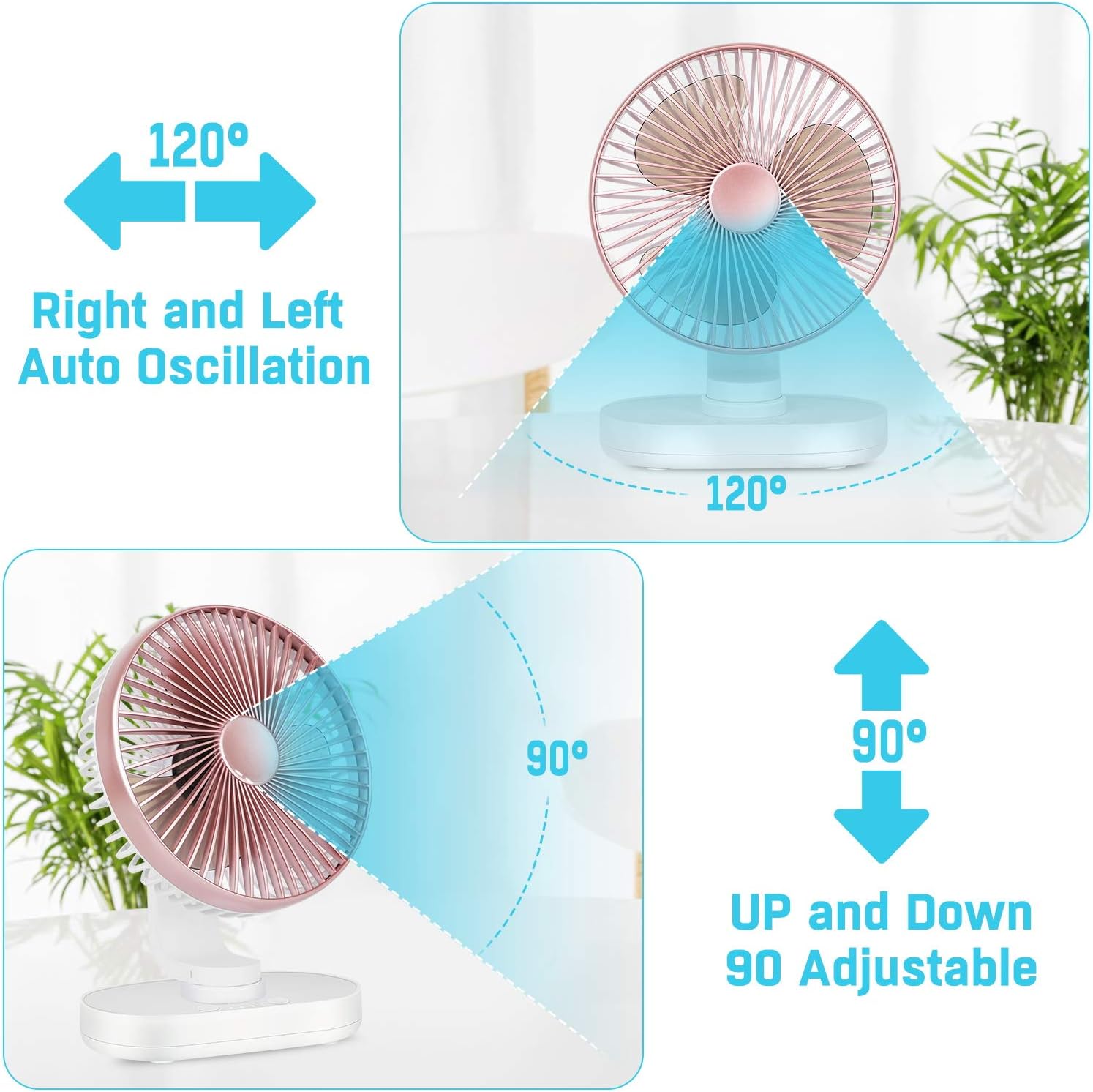 USB Desk Fan Small Table Fan, Portable Oscillation Desktop Fan 4 Speeds Adjustment, Rechargeable Battery Operated Mini Personal Fan, Quiet Office Fan for Home Bedroom Baby Bed