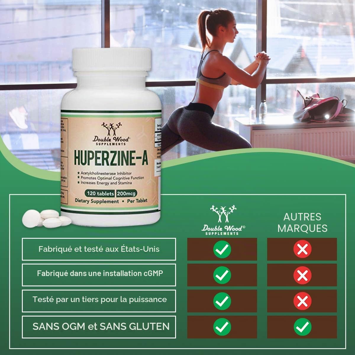 Double Wood Supplements L-Huperzine A 1 capsules (Testé par des tiers) Pack de 120