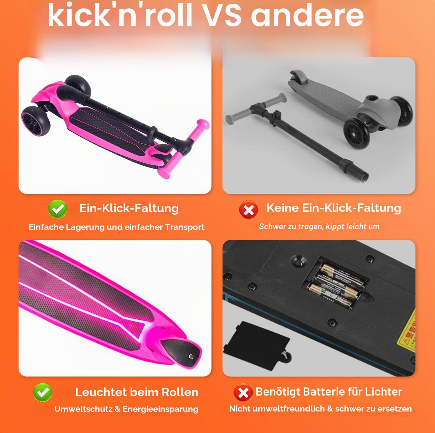 Kicknroll Kinderroller 3-6 Jahre | Faltbar, 4 Höhenverstellbar, LED Räder Leuchtend, Dreirad Tretroller, Lenk Scooter