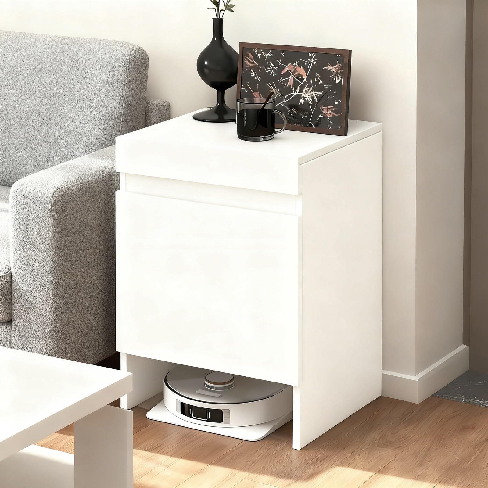MESCXTY Vacuum Hidden Cleaner Storage Cabinet for Sweeping Robots, Wood with Doors Robot Cleaner, Easy to Change Water Living Room/Bedroom/Kitchen(White)
