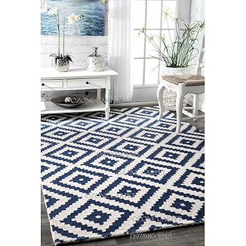 OZONE CARPET Handmade Woollen Loop Pile Carpet for Living Room Bedroom & Hall 4 x 6 feet (120X180 cm) White/Blue