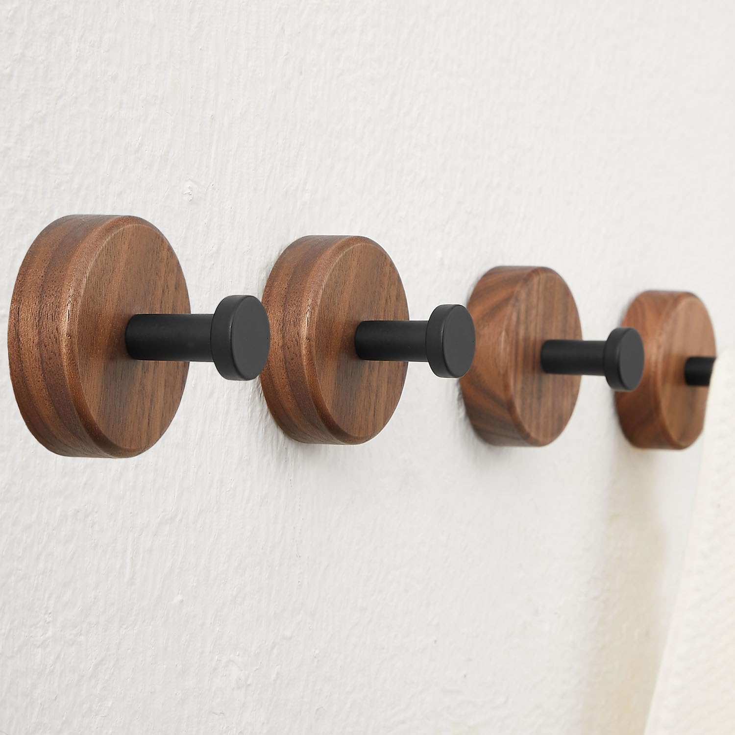 Wood Wall Hooks,4 Packs Dark Walnut Wood Coat Hooks Wall Mounted(Stick on & Screw in) for Hanging Purse,Hats,Backpacks,Jackets,Bags and Robe(Up to 30lbs),Modern Farmhouse Decor.