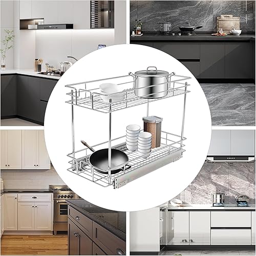 Miniatura 2 de Organizador de armario extraíble de dos niveles, estante extraíble para gabinete de cocina, estante deslizante para cocina, baño, despensa, gabinete