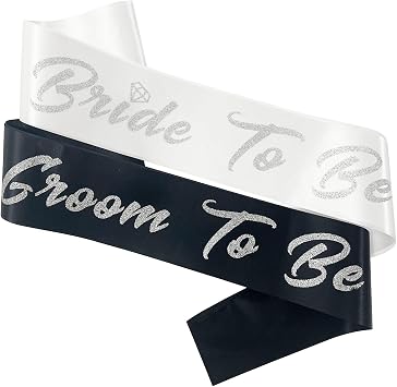 Bride and Groom to Be Sash Set, White Satin Soft Sashes with Silver Glitter Letter for Bridal Shower Engagement Bachelorette Party Decorations Supplies