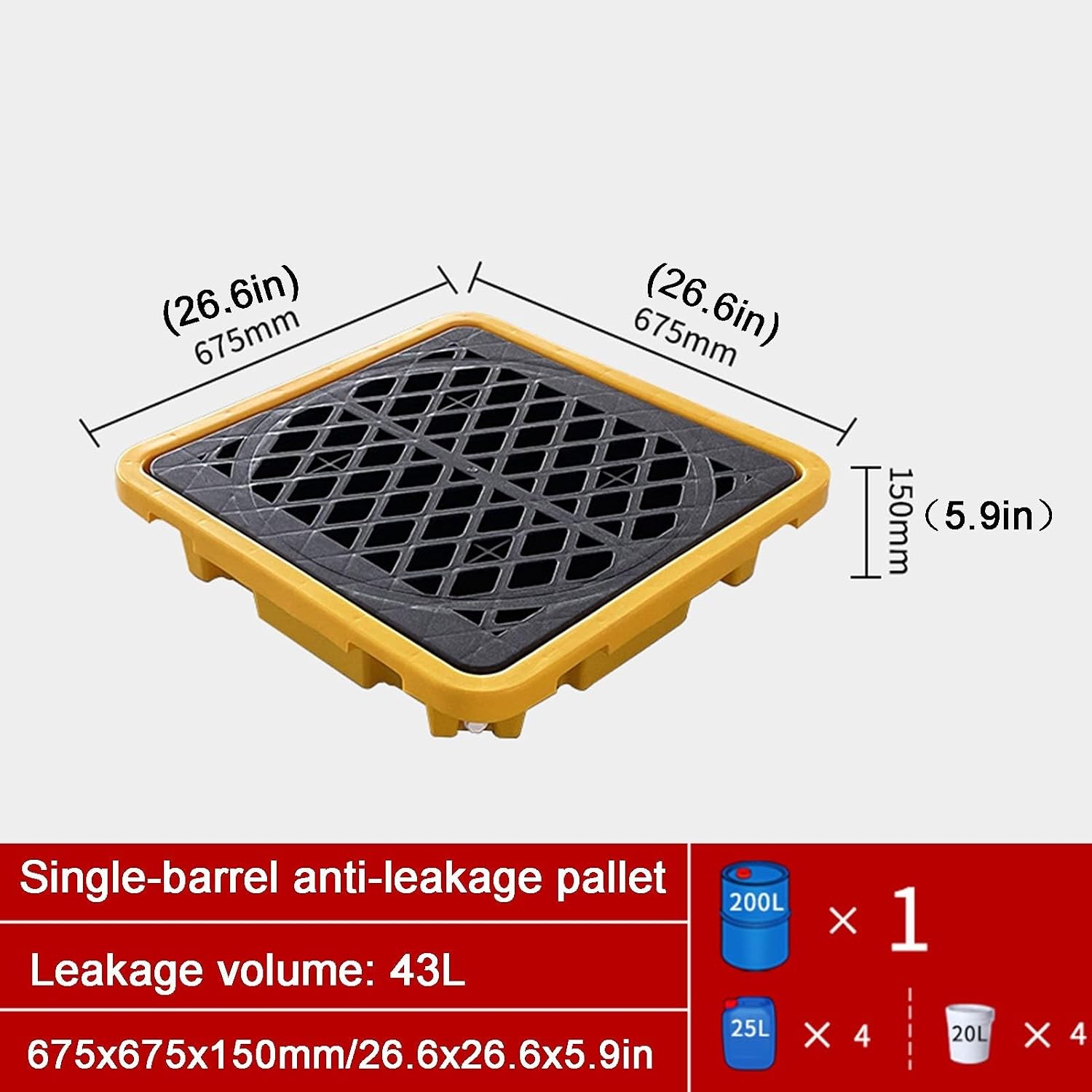 Industrial Oil Spill Containment Platform - Low Profile Utility Tray with Drain & Forklift Pockets, 1/2 Drum Size (Black/Yellow, 26.6x26.6x5.9in) - 1 Piece