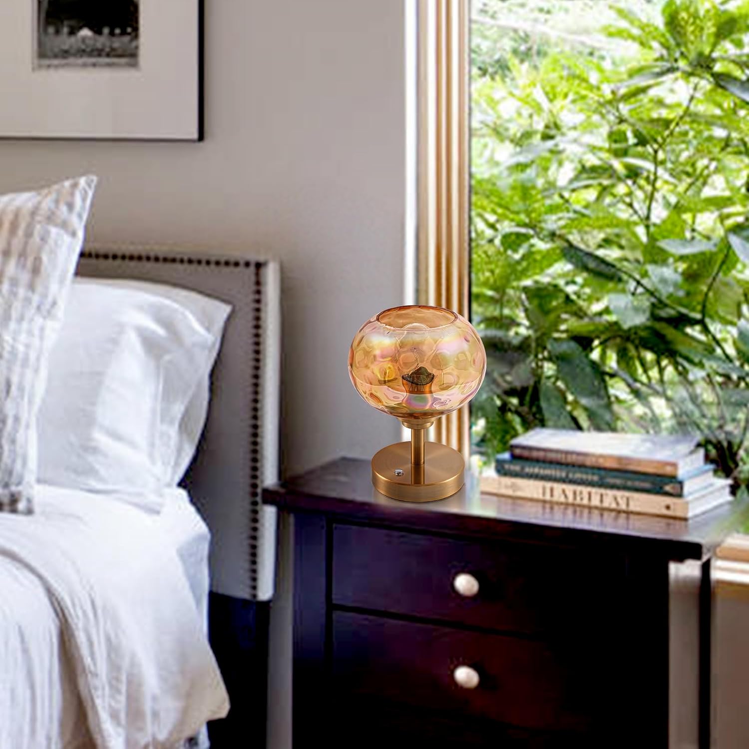 Touch Control Hammered Glass Table Lamp Brass Gold Portable Dimmable Brightness Small Nightstand Light 3-Way Stepless Dimming Bedside Bedroom Living Room (Colorful Amber Glass & Gold)