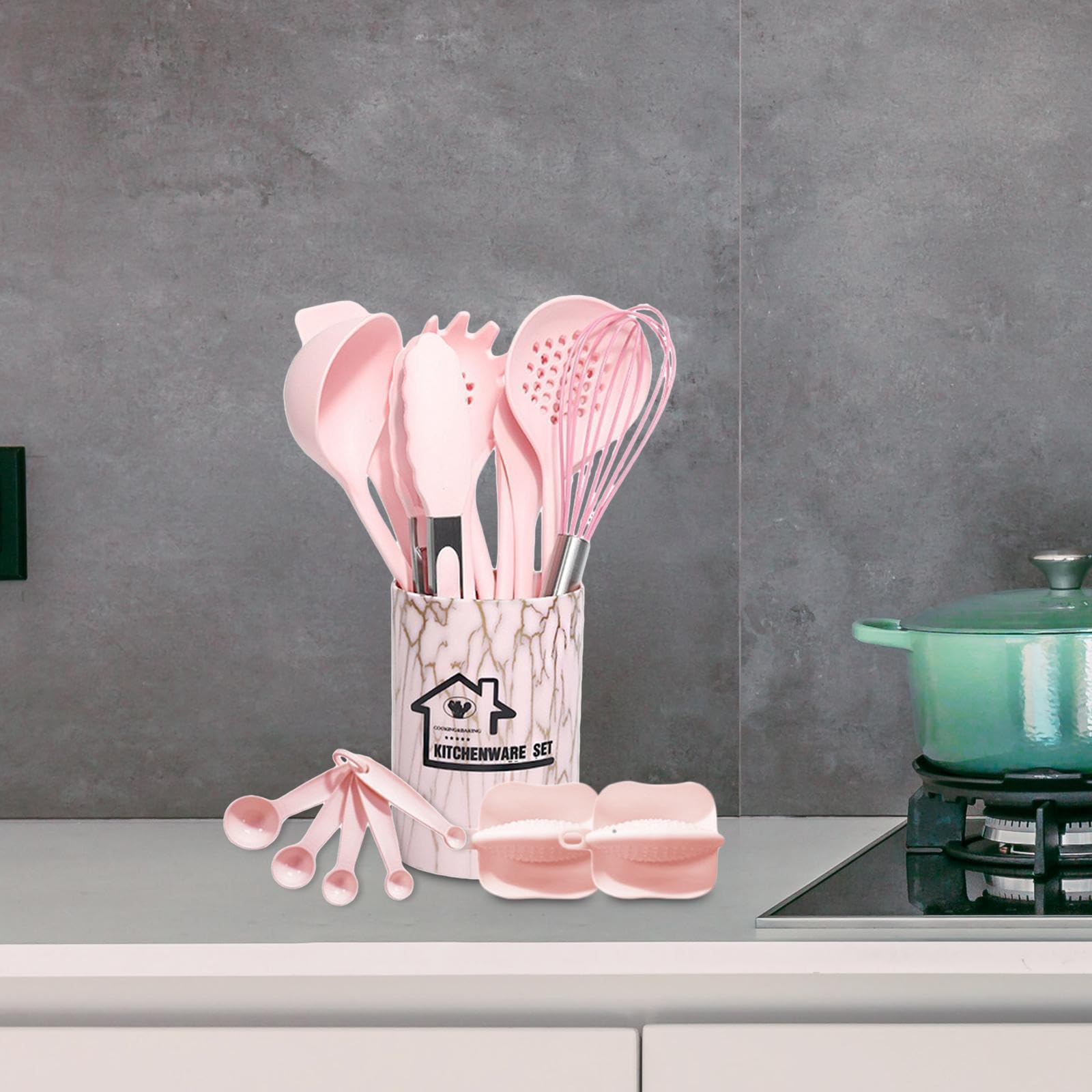 Juego de 2 utensilios de cocina de silicona antiadherentes para profesionales, principiantes, color rosa