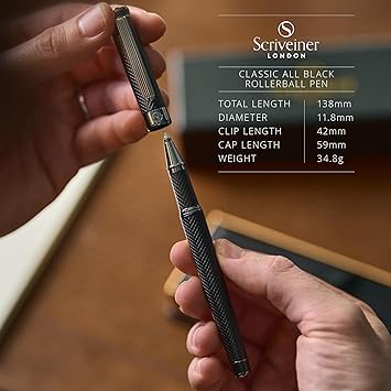 Scriveiner All Black Rollerball Pen - Stunning Luxury All Metal Matt Black Pen, Schmidt Ink Refill, Best Roller Ball Gift Set for Men & Women, Professional, Executive Office, Nice Pens