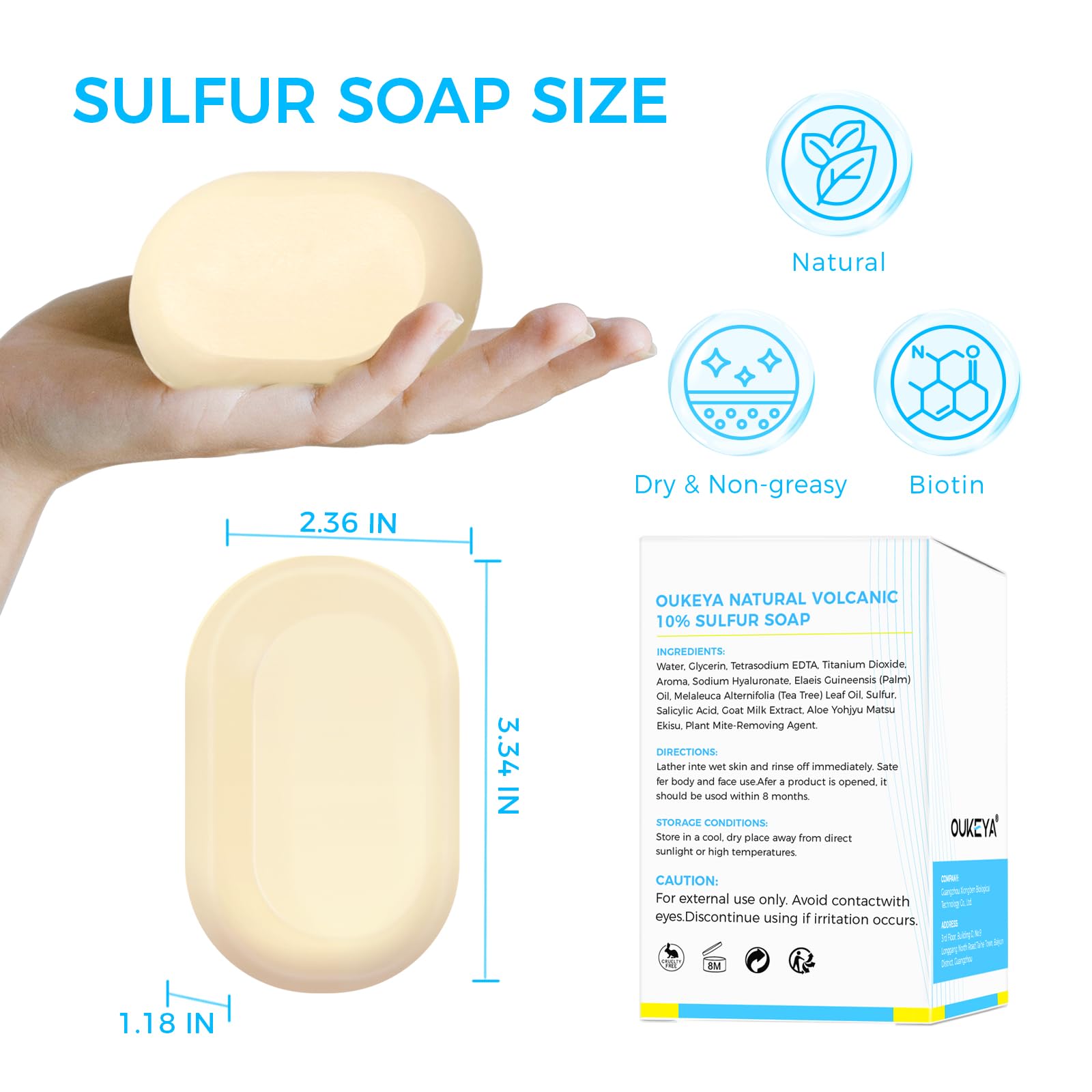 OUKEYA 10% Mydło Siarkowe, Mydło z Mlekiem Koziem, Kwas Salicylowy, Olejek Z Drzewa Herbacianego, Aloes, Antybakteryjne, Łagodzące, Głęboka Pielęgnacja, Naprawa Bariery Skórnej, 115g