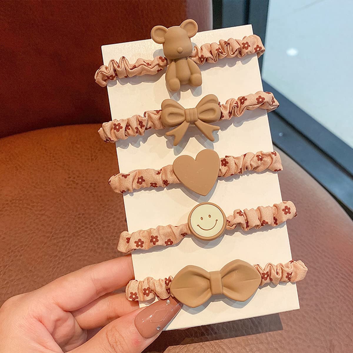 5pcs Cute Elastic Hair Bands Thin Ponytail Holder, Bear Bowknot Smiling Face Hair Tie Scrunchies Hair Accessories for Women and Girls