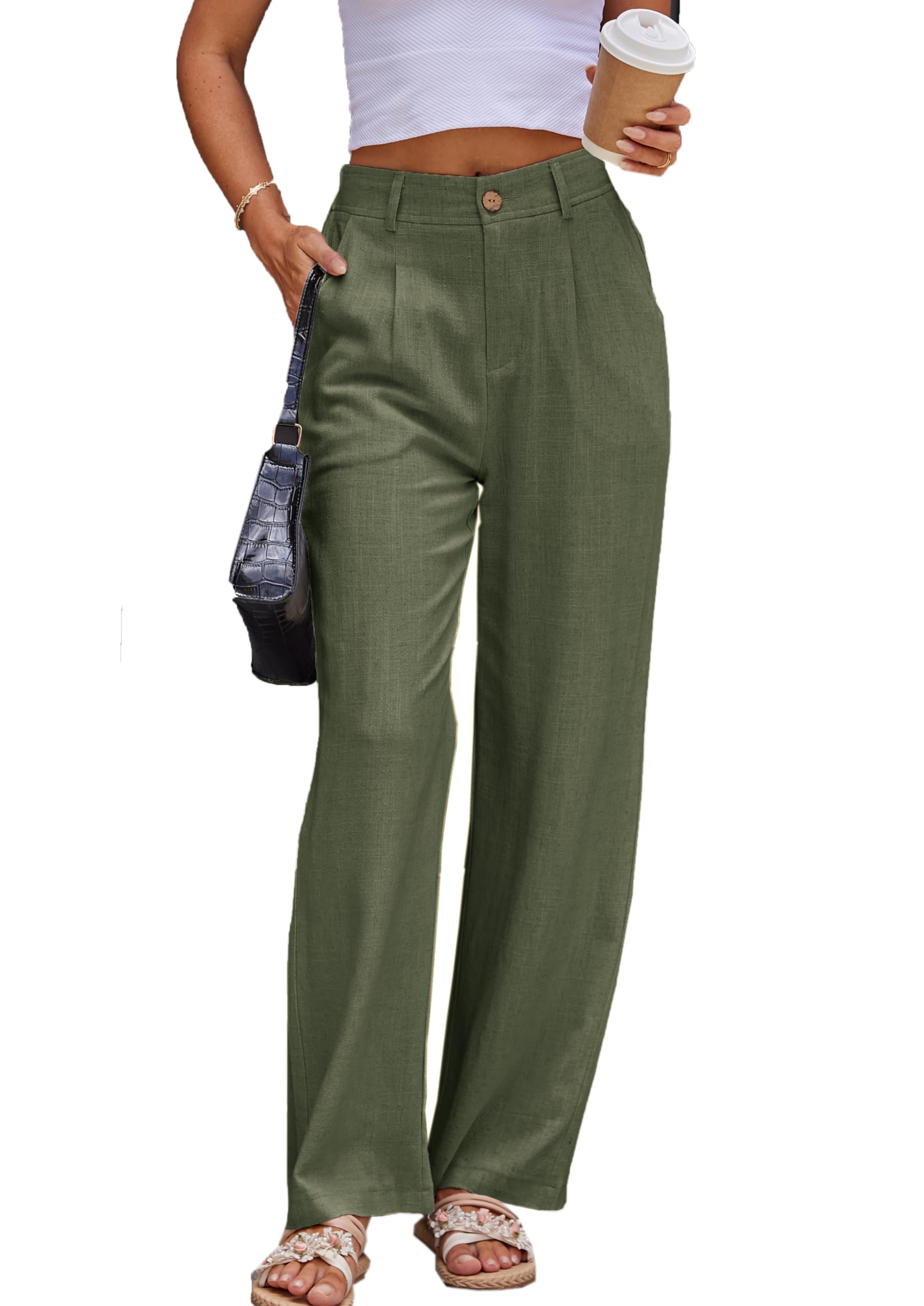 Photo 1 of heipeiwa Women's Linen Pants Casual High Waist Wide Leg Straight Dress Cotton Linen Button Trouser Summer Clothes