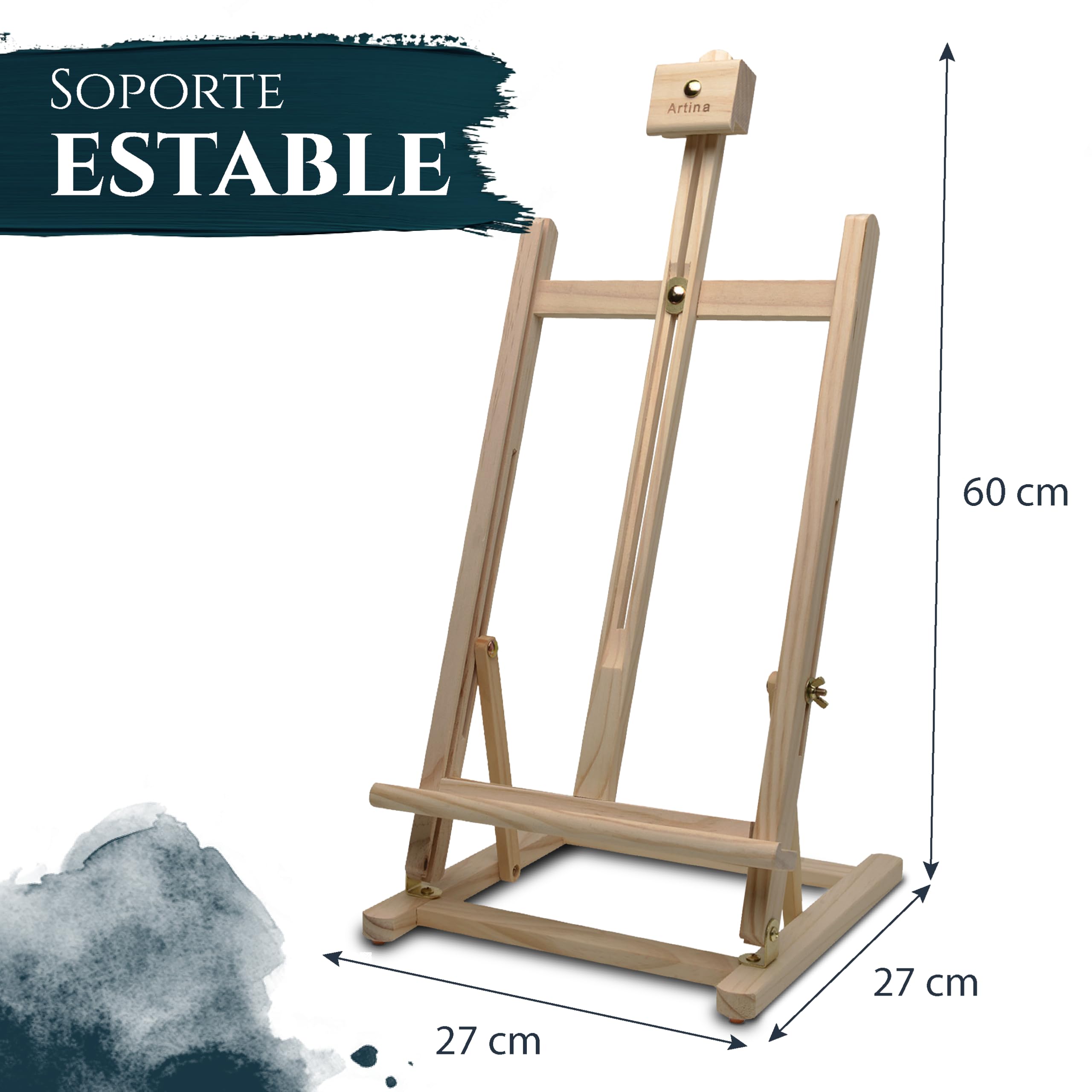 Artina Caballete de pintura de mesa Sydney - Madera de pino 27 x 27 x 60 cm – Caballete plegable para artistas principiantes, aficionados y niños – Para lienzos de hasta 45 cm de altura