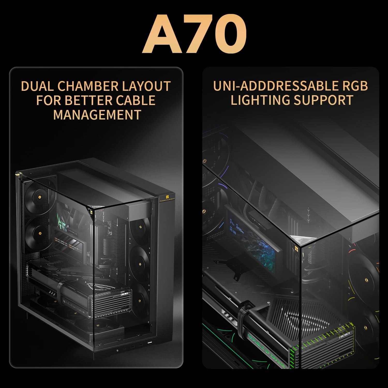 Thermalright A70ATX Gaming Case Three-Sided Pillar-Free Panoramic Glass Panel ，Type-C Port mid-Tower Computer case Tool-Free Quick-Release Vertical GPU Bracket Anti-Drop Design, Black