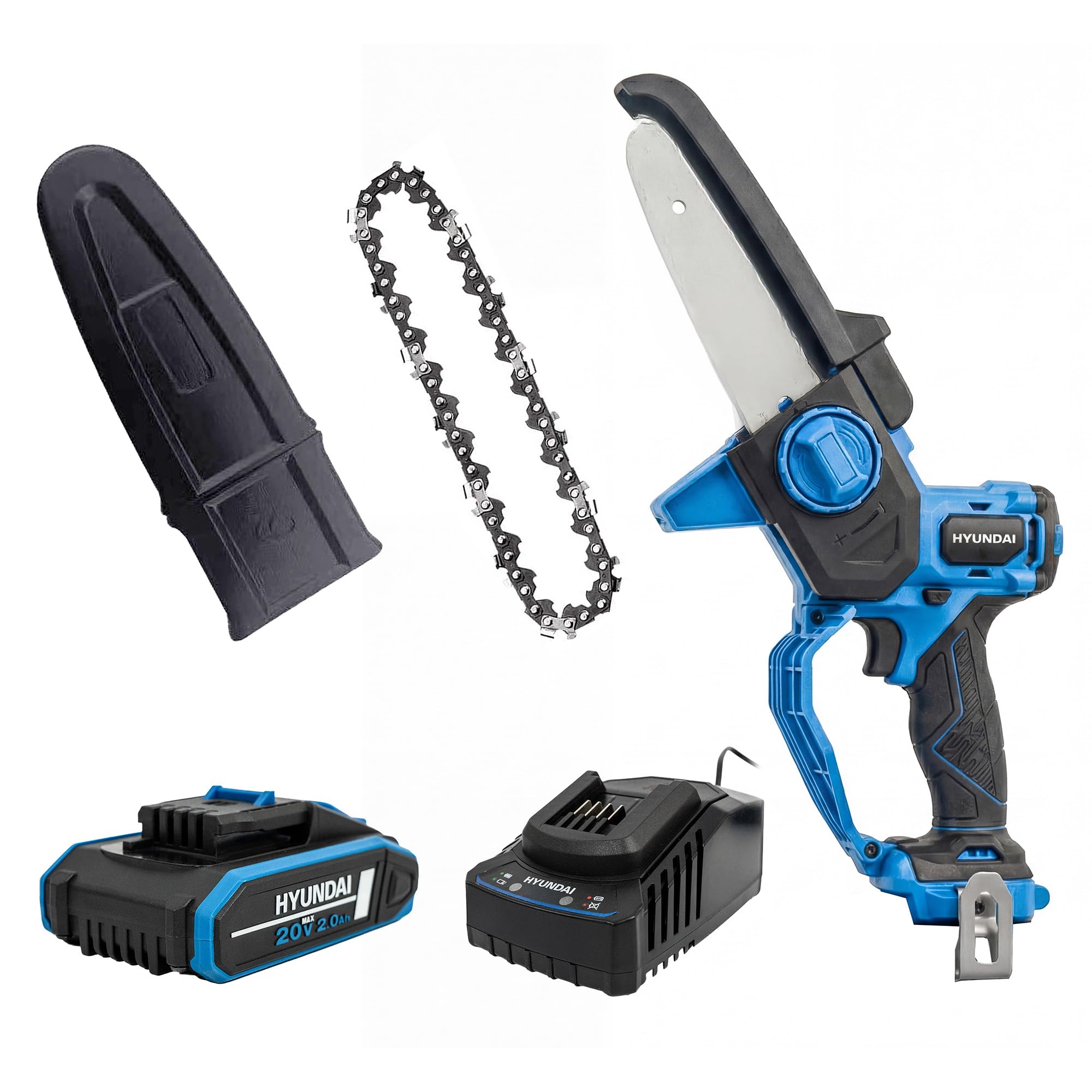 Hyundai 6” / 150mm 20V Cordless Mini Chainsaw, Brushless Motor, Auto Chain Oiling, Lightweight Pruning Saw, 2.0Ah Battery & Charger, 3 Year Warranty