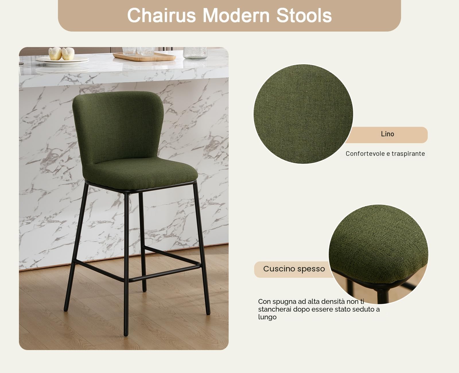 chairus Set di 2 Sgabelli da Bar in Tessuto di Lino Sgabelli Cucina Moderni Design con Schienale Sgabelli Imbottiti con Gambe in Metallo Sgabelli Alti per Penisola/Bar/Cucina, Verde