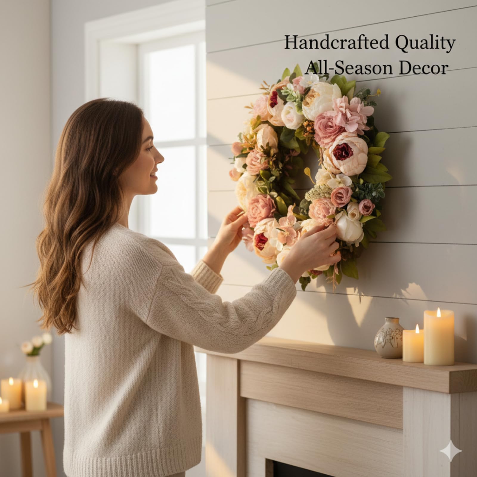 Ghirlanda Primaverile per Porta d'Ingresso 40 cm, Fiori Artificiali, Decorazione per Porta, Finestra, Matrimonio, Soggiorno