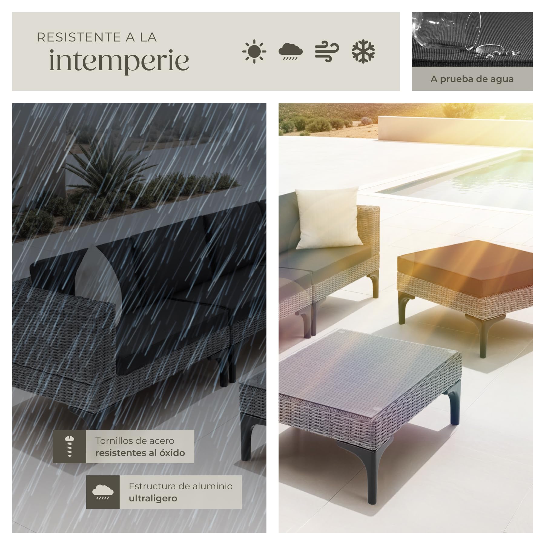 TecTake® Conjunto Jardín en Ratán y Aluminio, Cojines 8 cm, Conjunto Terraza Resistente a la Intemperie, Muebles Jardín Exterior 1 Sillón, 1 Taburete, 1 Mesa con Cristal, Fundas Extraíbles - Gris